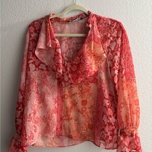 Zara Orange and Pink Blouse with Cuffed Sleeves and Ruffled Style
